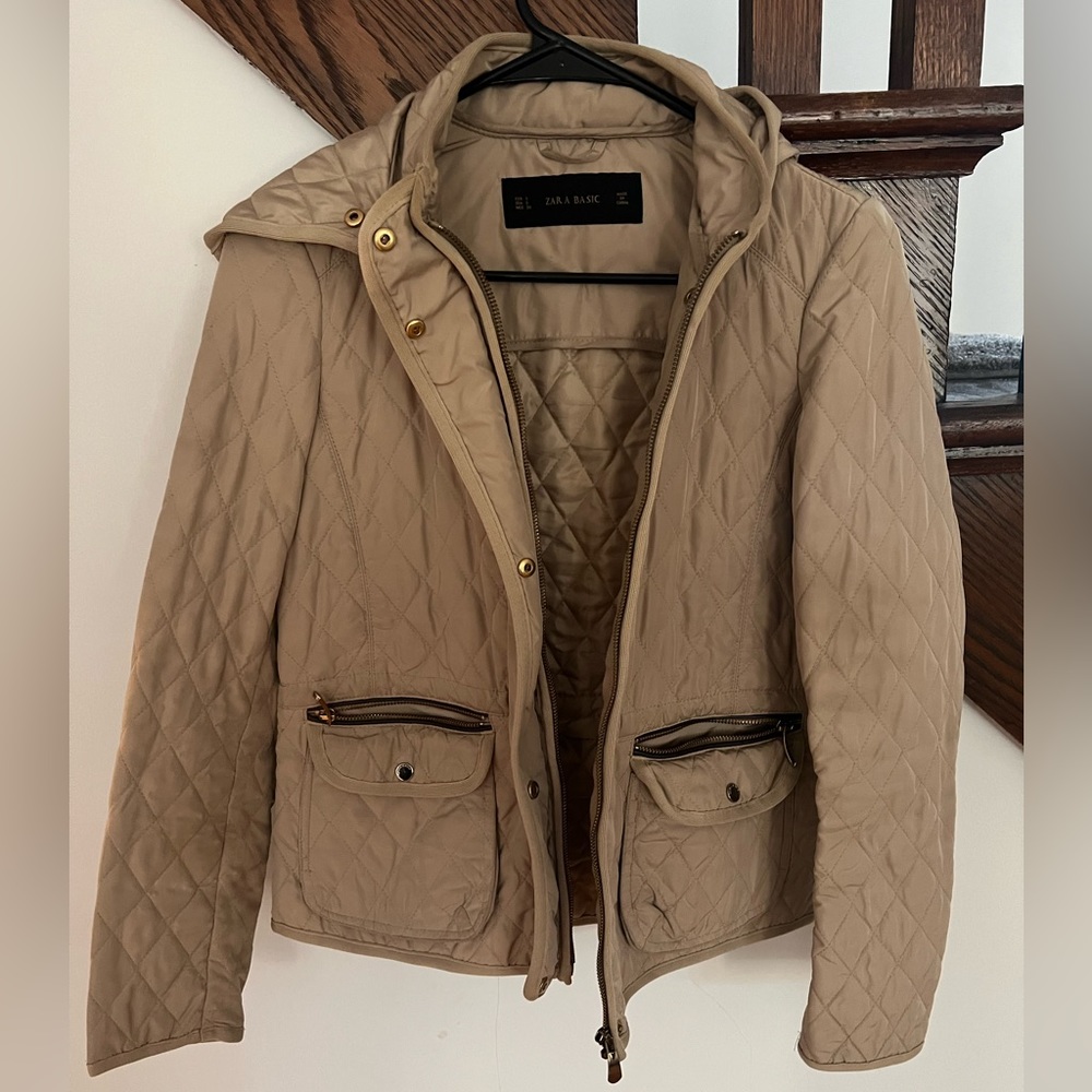 Zara light tan / lightweight zip up jacket with hood size small